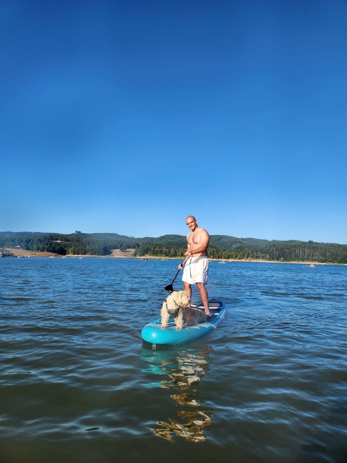 Jose paddleboarding on a lake with Xolotl riding the front of the board.