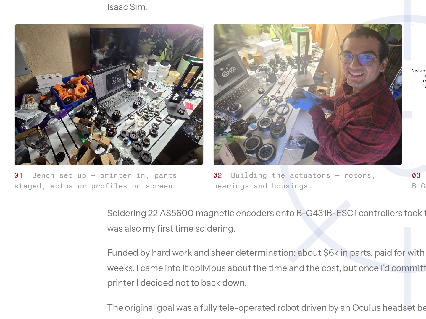 The humanoid build log: workshop bench, actuator assembly and a wiring diagram in a row.