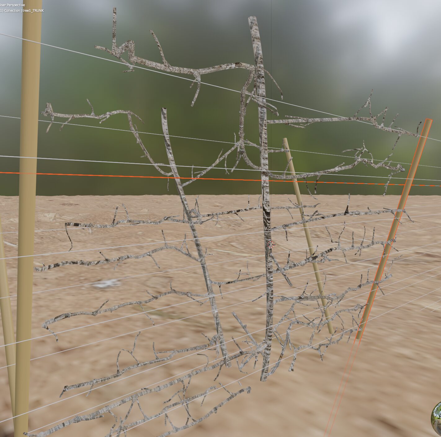 Procedurally generated dormant apple tree on a trellis, rendered in Blender.