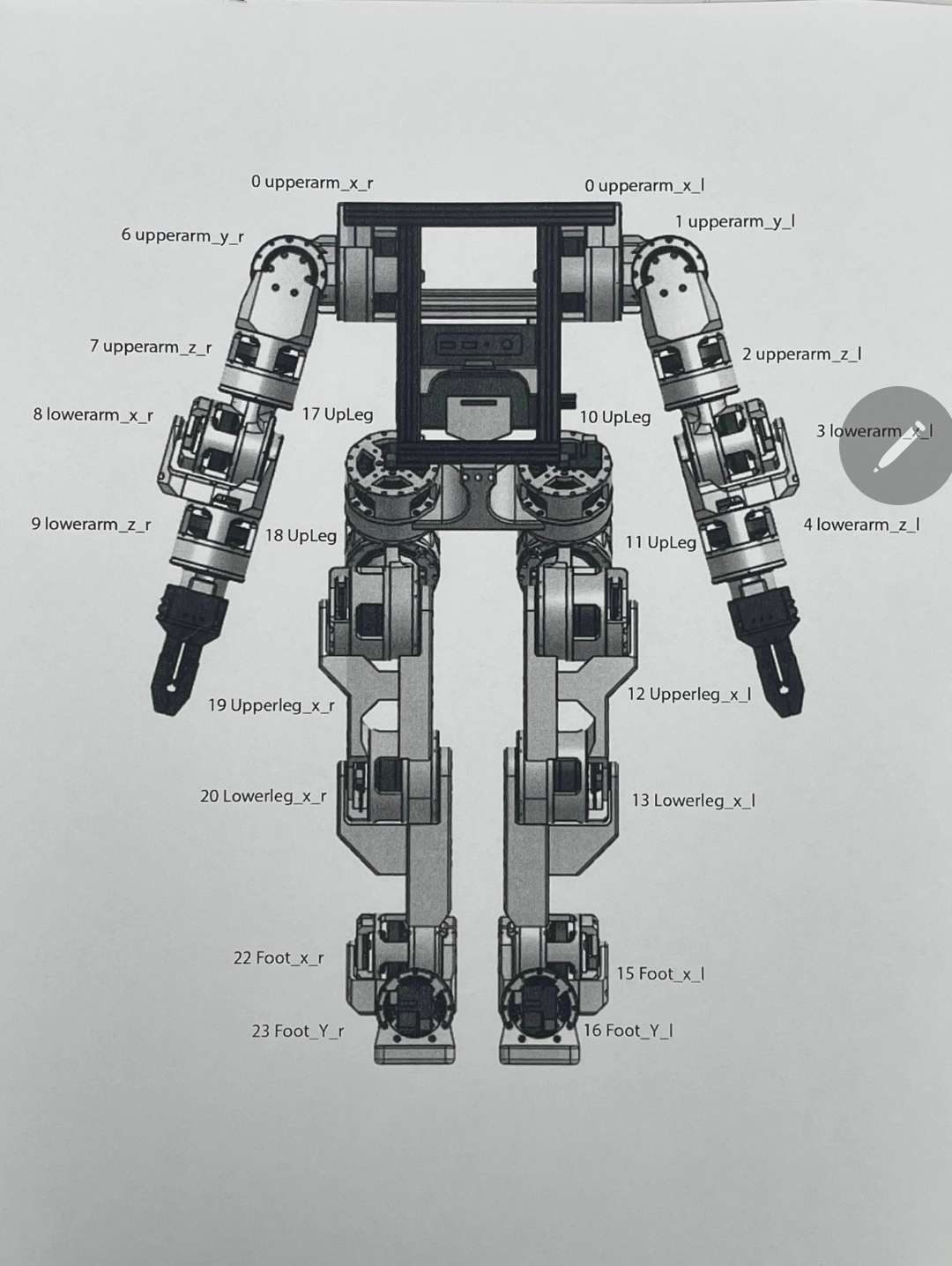 CAD render showing the full parts breakdown of the humanoid.
